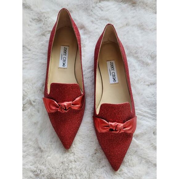 NWD Jimmy Choo Red Glitter Flat Bow Size EU 38 Red - Picture 1 of 15